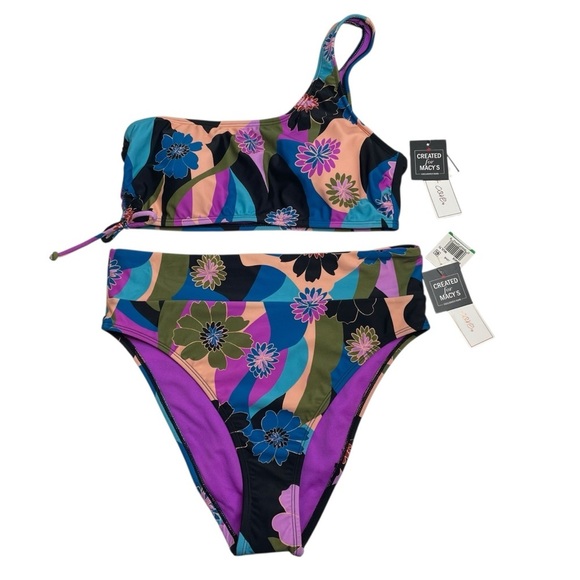 Salt + Cove One Shoulder Side Cinch Bikini Top & High Waist Bottoms Blooming L - Picture 1 of 13